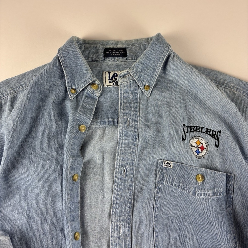 Vintage Pittsburgh‎ Steelers Denim Shirt Mens XL Blue Button Down Lee Sport